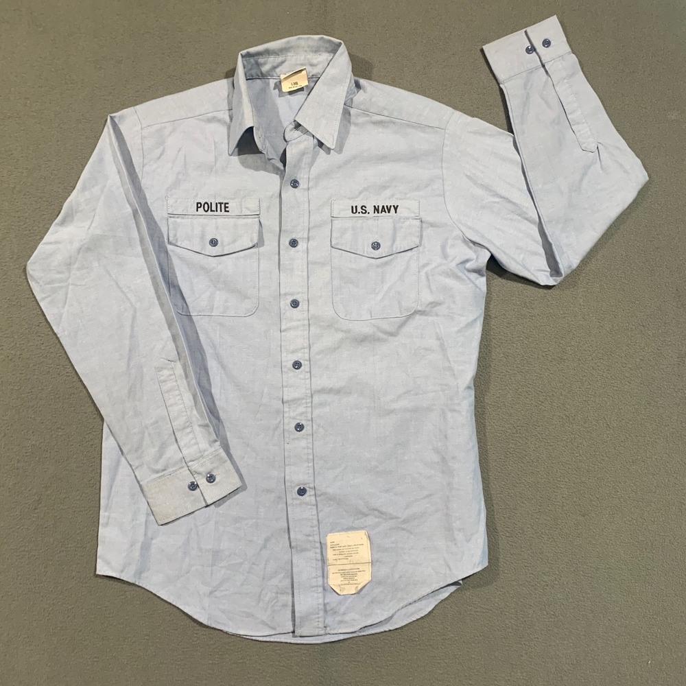 DSCP US Navy Utility Shirt Mens Large Blue Long Sleeve Polite Name Tape Military